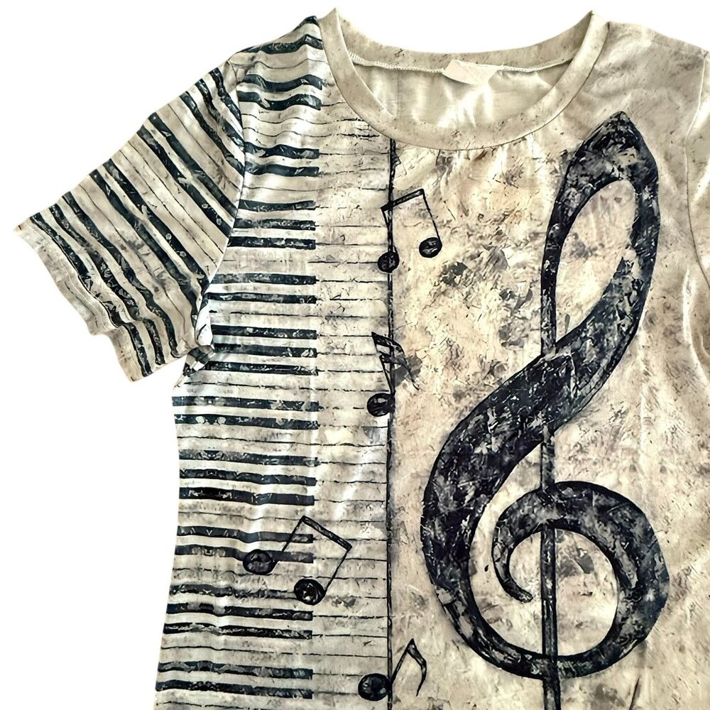Music Graphic Shirt Womens Small Piano Keys Treble Clef Top Artsy Musician Tee